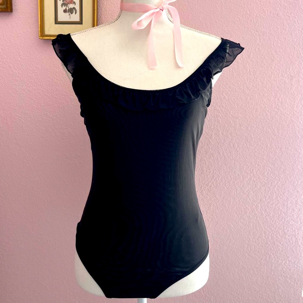 SOLD❣️Vintage Bebe Balletcore Black Mesh Ruffles Bodysuit